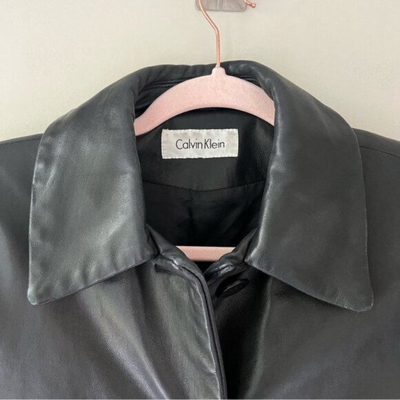 Calvin Klein | Vintage 90’s Y2K Black Leather Jacket Peacoat Coat - Picture 4 of 5